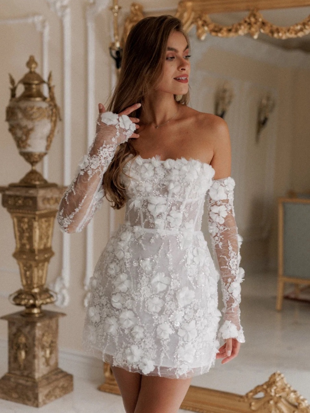 Rosie Etienne Isabelle Strapless White Floral Mini Bridal Dress & Gloves Size 6
